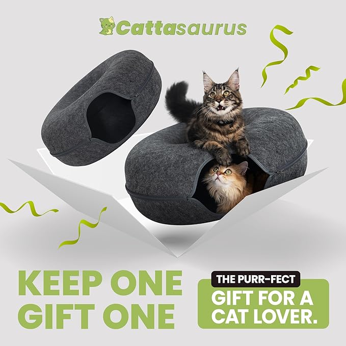 Cattasaurus Peekaboo Cat Cave, Extra Spacious for Multiple & Large Cats 12+ lbs, Scratch Detachable Beds for Indoor Cats, Washable Tunnel Bed, Comfy Cat Donut Tunnel (Dark Gray+Dark Gray, Jumbo)