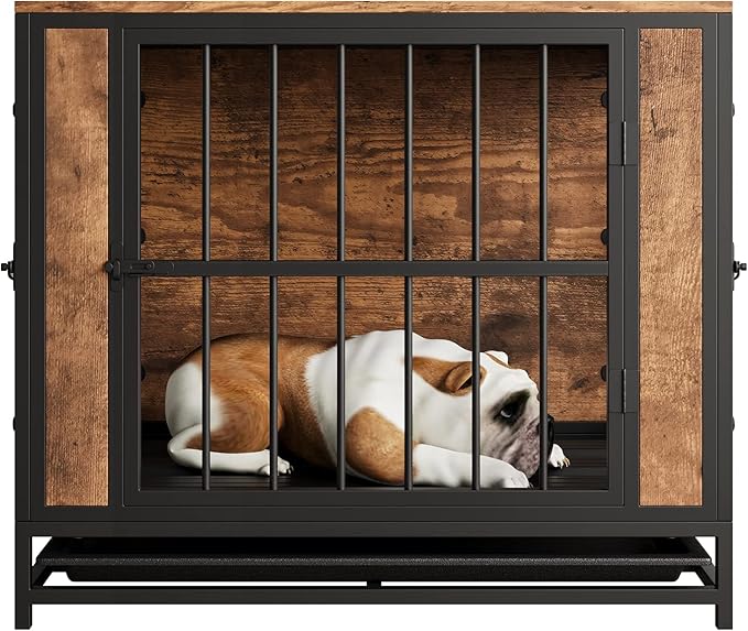 Dog Crate Furniture - Metal & Wooden Dog Kennel with 3 Doors, End Table for Small Dogs, Heavy Duty Dog House, Rustic Black & Brown