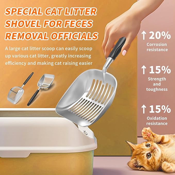 Cat Litter Scoop, Aluminum Alloy Sifter, Kitty Metal Scooper, Deep Shovel, Long Handle, Poop Sifting, Kitten Pooper Lifter, Durable, Heavy Duty, for Litter Box (Big-Black)