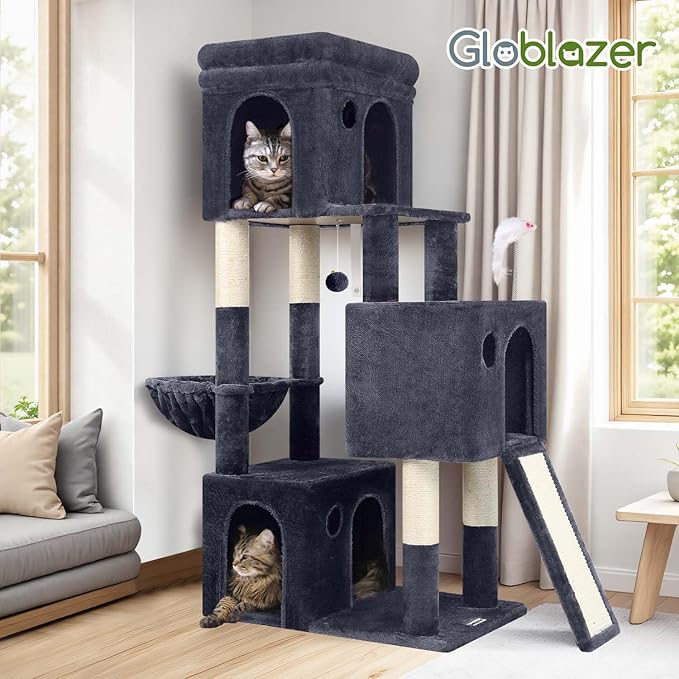 Globlazer Cat Tower for Multiple Indoor Cats, 52 inch Heavy Duty Cat Tree with 3 Condos, Plush Cat Condo with Scratching Posts and Pad for Adult Cats Kitten, Padded Perch, Basket Bed, F52B, Dark Grey