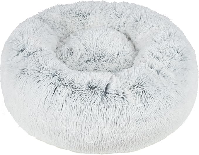 Best Pet Supplies Round Donut Dog Bed with Plush Faux Fur Fabric, Calming, Anti-Anxiety Cushion for Indoor Pets, Slip-Resistant Base, Soft Ergonomic Support - Light Warm Gray, 27x27x7.5''