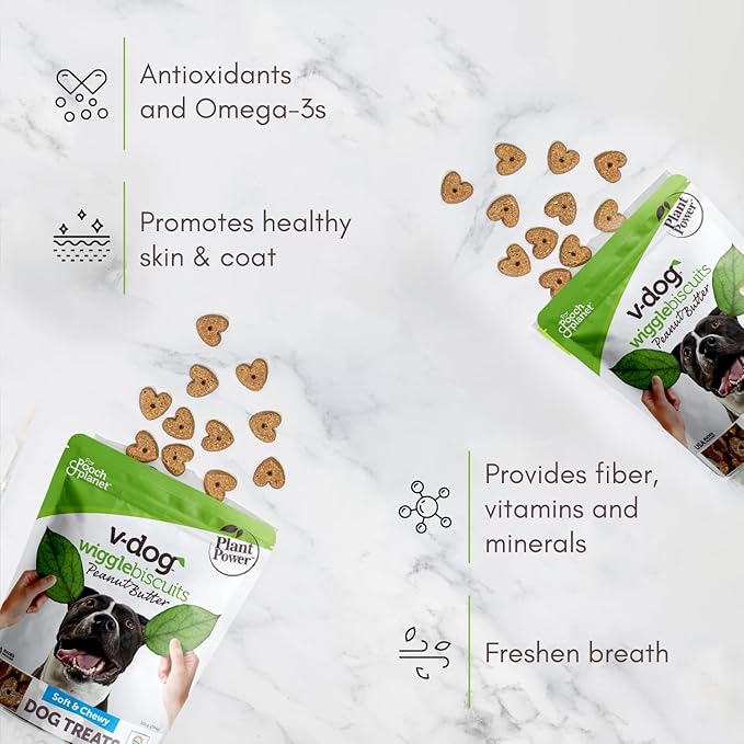 V-dog Soft and Chewy Vegan Wiggle Dog Biscuits - Dog Training Treats - Small, Medium and Large Breeds - Natural Peanut Butter Flavor Superfoods - 10 Ounce - All Natural - Made in The USA