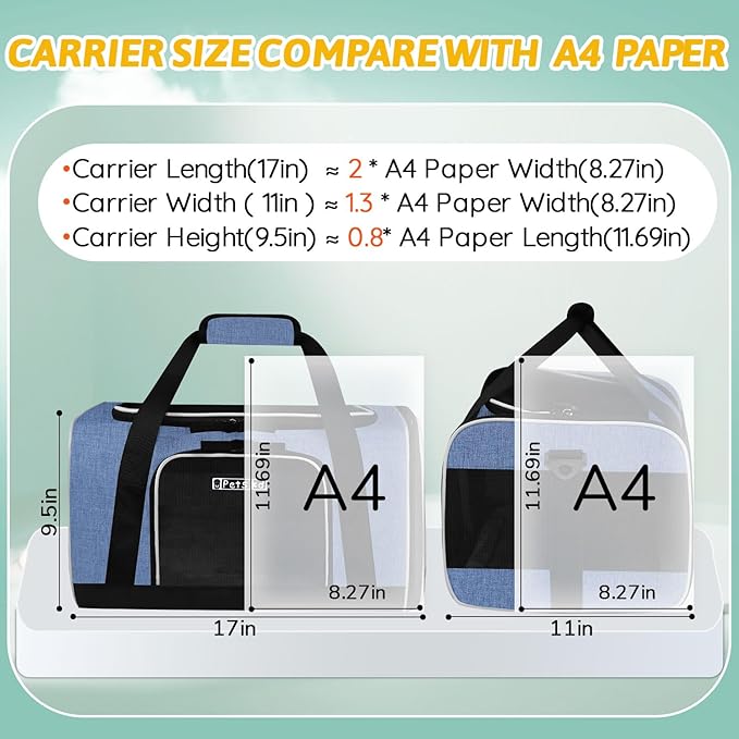 Petskd Pet Carrier 17x11x9.5 Alaska Airline Approved,Pet Travel Carrier Bag for Small Cats and Dogs, Soft Dog Carrier for 1-10 LBS Pets,Dog Cat Carrier with Safety Lock Zipper(Blue)