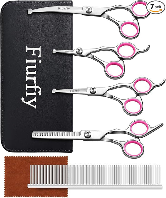 Furry Grooming Scissors with Safety Round Heads. Dog Grooming Scissors, 5CR 6 in 1 Dog Grooming Scissors, Curved Dog Grooming Scissors, Professional Pet Grooming Scissors Set for Dogs and Cats