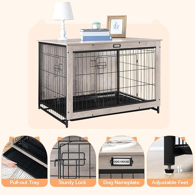 HOOBRO Dog Crate Furniture, 38.6" Large Dog Kennel Indoor, Wooden Cage with Pull-Out Tray, Double Doors Pet House Side End Table for Large/Medium/Small Dogs, Greige BG982GW03
