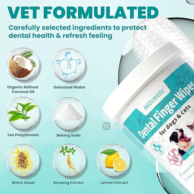 Dental Care Finger Wipes 60 Counts,Teeth Cleaning Finger Wipes for Dogs & Cats,Reduces Plaque & Supports Oral Freshness, Unscented