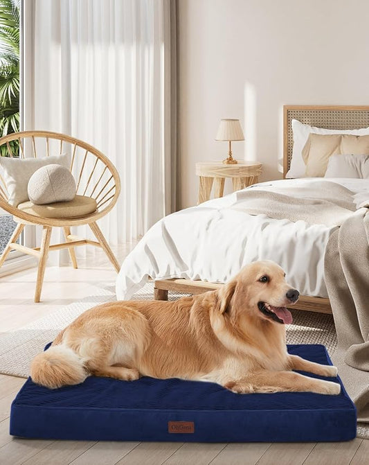 OhGeni Orthopedic Waterproof & Machine Washable Dog Bed for Large Pets, Suitable for Crates, Cat Mat with 25D Egg Crate Foam, Non-Slip Bottom & Removable Cover, 41 Inches(Navy)
