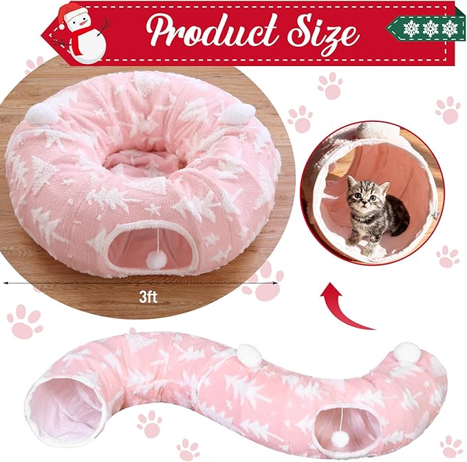 Christmas Cat Tunnel Bed with 8 Cat Toys Fluffy Plush Dog Tunnel Bed with Washable Cushion and Dangling Balls 3FT Multifunctional Playground for Small Medium Large Rabbit(Tree,Pink)