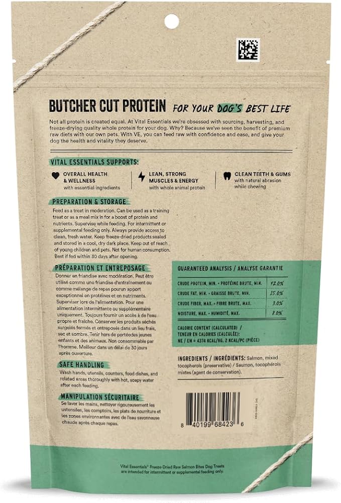 Vital Essentials Salmon Bites Dog Treats, 5 oz | Freeze-Dried Raw | Single Protein | Premium Quality High Protein Training Treats | Grain Free, Gluten Free, Filler Free