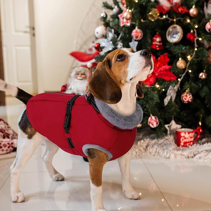 AOFITEE Dog Coat, Warm Dog Winter Coat with Harness Built in, Waterproof Pet Snow Jacket with Zipper on Back, Fleece Pet Sweater Outdoor Puffer Jacket Snowsuit for Extra Large Dogs, Christmas Red XXL