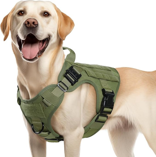rabbitgoo Tactical Dog Harness Medium Sized, Heavy Duty Pet Harness with Handle, No-Pull Service Vest Medium Breed, Adjustable Military Dog Vest for Training Hunting Walking, Green, M