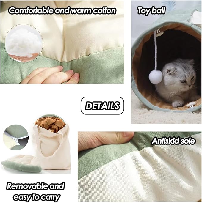 Cat Rabbit Tunnel Bed Nest for Cats Indoor, with Collapsible Washable Soft Cushion, Plush Ball and Exercise Wheel Tube, Fit for Puppy Bunny Kitty Kitten Ferret