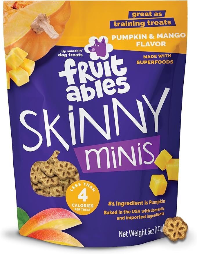 Fruitables Skinny Mini Dog Treats, Healthy Pumpkin Treat for Dogs, Low Calorie & Delicious, Puppy Training, Free of Wheat, Corn and Soy, Made in the USA, Pumpkin and Mango Flavor, 5oz