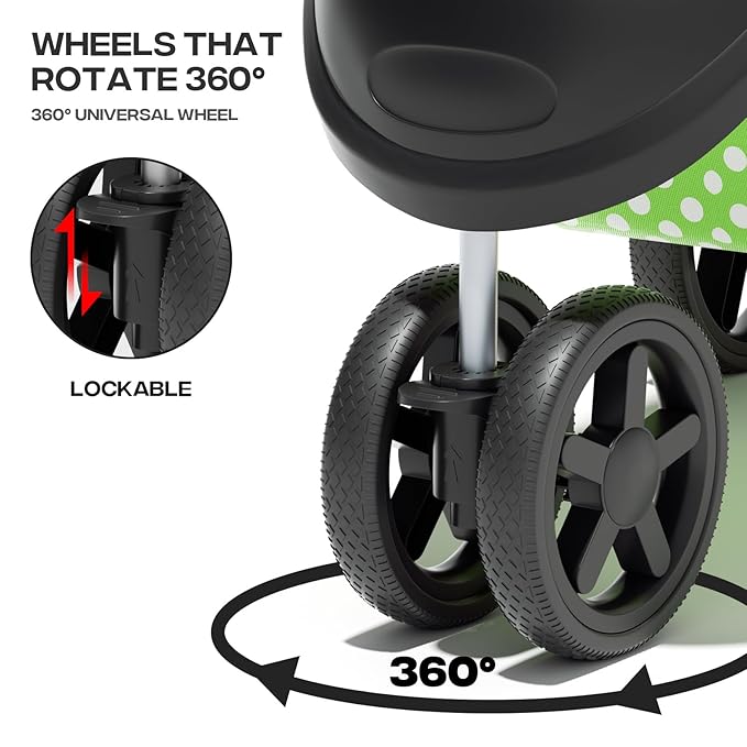 Dog Stroller for Small Dogs 10 Lbs 20 Lbs, Pet for Medium Dogs 30 Lbs, Cat Strollers for 1 Cats, 3 Wheels Foldable Jogger Puppy Stroller with Storage Basket and Cup Holder, Green Polka Dots