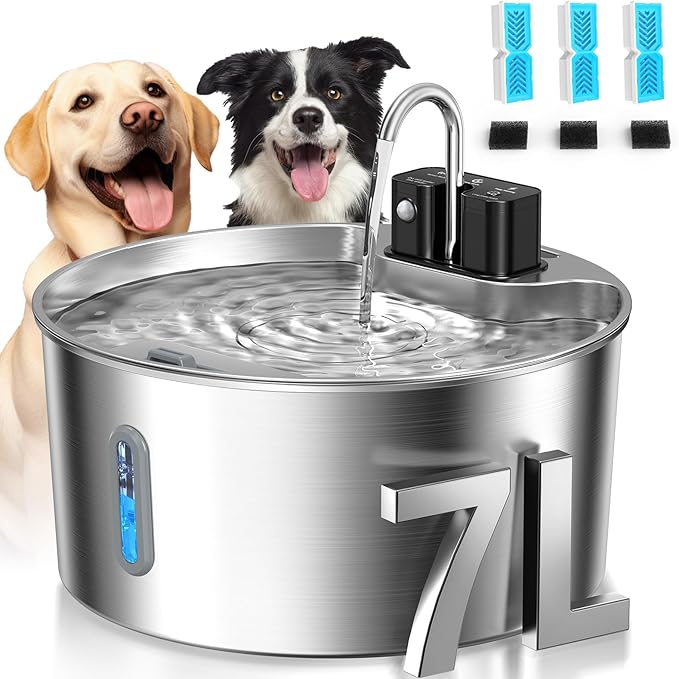 Dog Water Fountain,Wireless Stainless Steel Dog Fountain for Small to Large Dogs,1.8Gal/7L Battery Operated Cat Water Fountain,Water Level Window,Quiet Pump,Multi-Filtration,Easy Clean,3 Filter