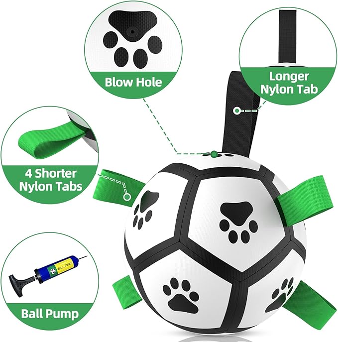 QDAN Dog Toys Soccer Ball with Straps, Interactive Toys for Tug of War, Puppy Birthday Gifts, Dog Water Toy, Durable Balls World Cup for Small Dogs（5 Inch）