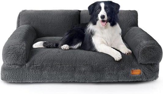 Dog Couch Bed, Cat Bed for Indoor Cats, Calming Pet Sofa Puppy Sleeping Bed with Removable Washable Cover, Cute Dog Couch and Lounge Chair for 45lbs Cats & Small Medium Dogs(Dark Gray)