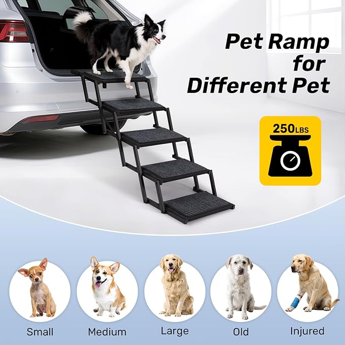 Extra Wide Dog Steps for Car, Truck and SUV - Foldable Pet Stairs for Large Dogs with Non-Slip Rug Surface, Lightweight Dog Ramp Holds Up to 250lbs, 5 Steps