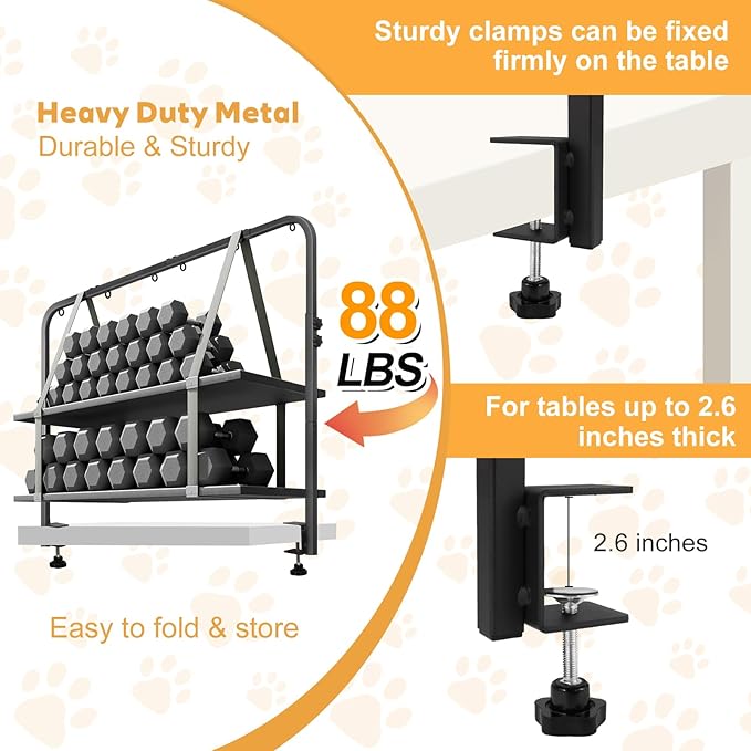 Adjustable Dog Grooming Arm for Table, 30" to 42" Height & 44" to 58" Width, Clamp Fits Up to 2.6", with 2 No-Sit Nooses, Heavy Duty Pet Grooming Restraint for Nail Trimming, Drying & Grooming at Home