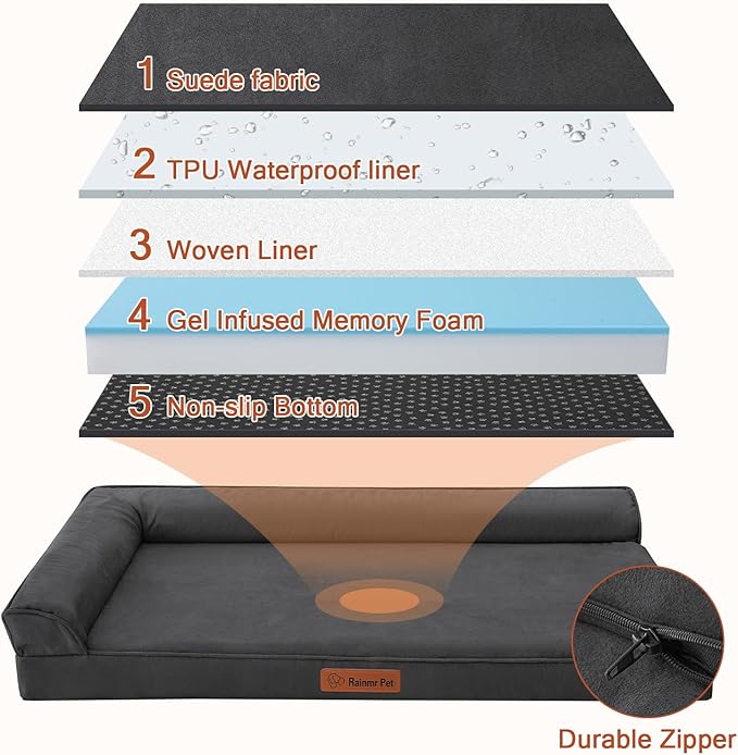 Orthopedic Dog Beds Large Sized Dog, Memory Foam Pet Bed for Medium and Large Dogs, Removable and Washable Microsuede Cover, TPU Waterproof Liner, Nonskid Bottom, 36x27x6 Inches, Dark Grey