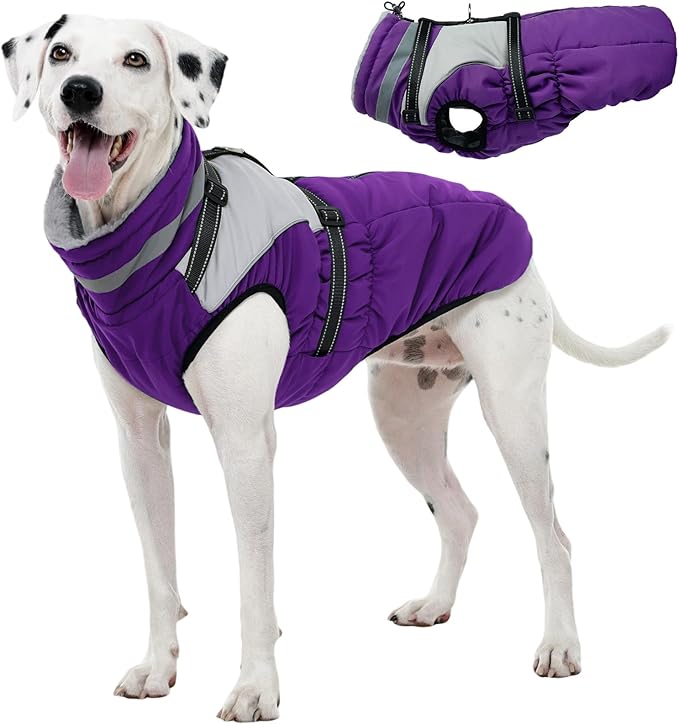 Kuoser Dog Coat, 2 in 1 Dog Jacket with Harness Built in, Winter Waterproof Puppy Puffer Jacket Snowsuit for Small Medium Large Dogs, Cold Weather Reflective Pet Fleece Vest with Zipper