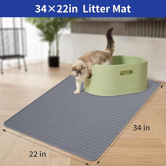 Cat Litter Mat,34x22in Litter Mat with Raised Edges,Waterproof Rubber Litter Box Mat,Soft Washable Cat Litter Mats Litter Trapping Mat Easy to Clean,Indoor Floor Large Kitty Litter Mats Grey
