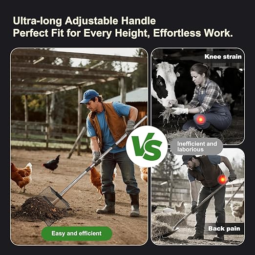 15-inch Large Chicken Poop Scooper with Ergonomic Grip, 5 in 1 Adjustable Chicken Coop Pooper Shovel, Sifting Litter Shovel Scoop for Dog Coop/cowshed‌/Sheep Pen/Pigsty/Stable Cleaning/‌Feed hay