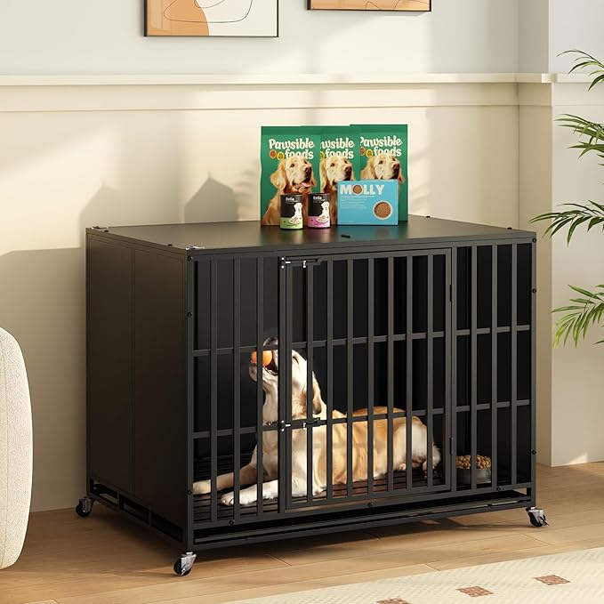 LEMBERI 48/42 inch Heavy Duty Indestructible Dog Crate, High Anxiety Extra Large Dog Cage for Large Dogs, XL Steel Escape Proof Dog Kennel with Wheels and Removable Tray