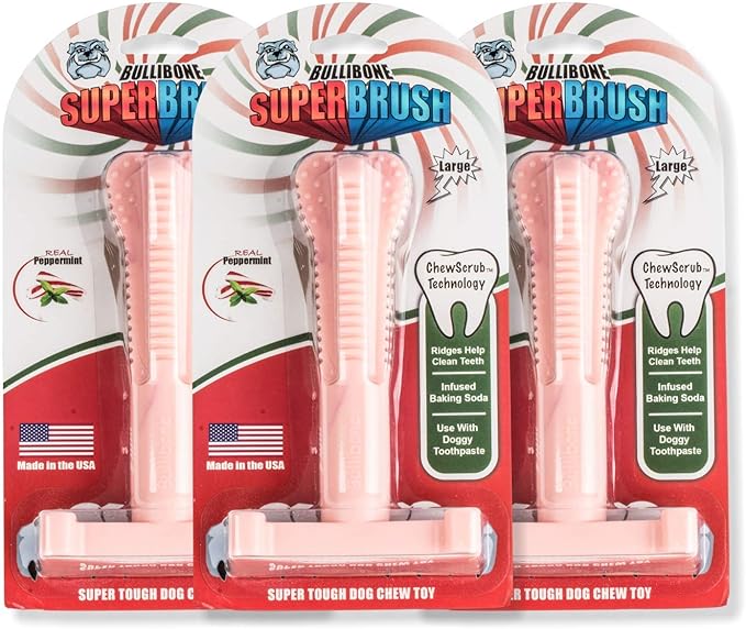 Bullibone SuperBrush: Dog Teeth Cleaning Brushing Toothbrush Stick - Long Lasting Nylon Pink Peppermint Chew Toy for Oral Care and Dental Health