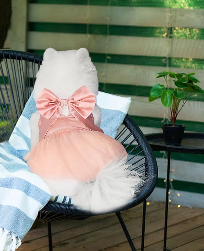 Summer Girl Dog Dress, Dog Silk Tulle Dress, Cute Princess Dogs Dresses with Bow, Lace Pet Birthday Party Outfit Puppy Tutu for Small Dogs, Fancy Puppy Clothes for Chihuahua Teacup Yorkie