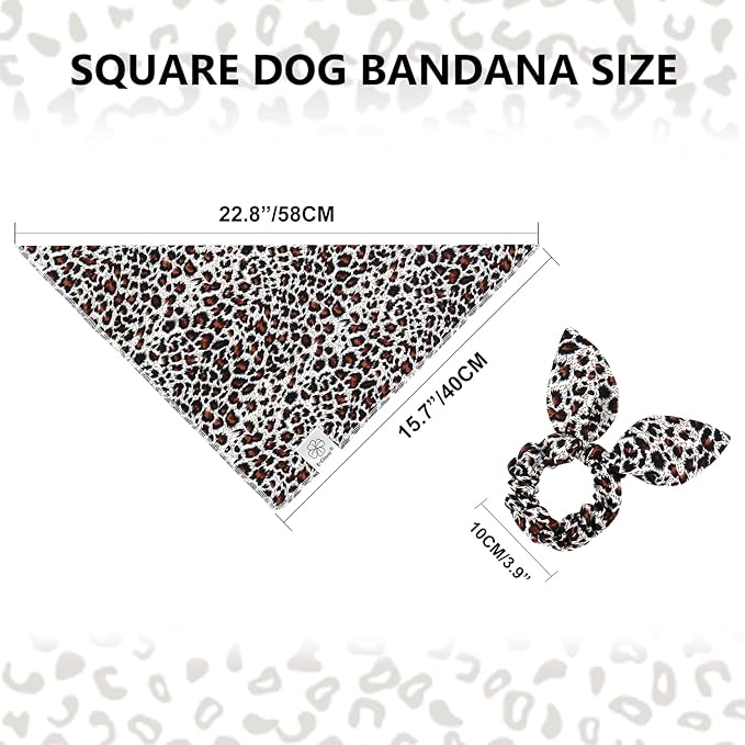 E-Clover Dog Bandanas & Matching Scrunchie Set Leopard Dog Bandana Bibs Washable Kerchief Scarf for Puppy Small Dogs & Owner