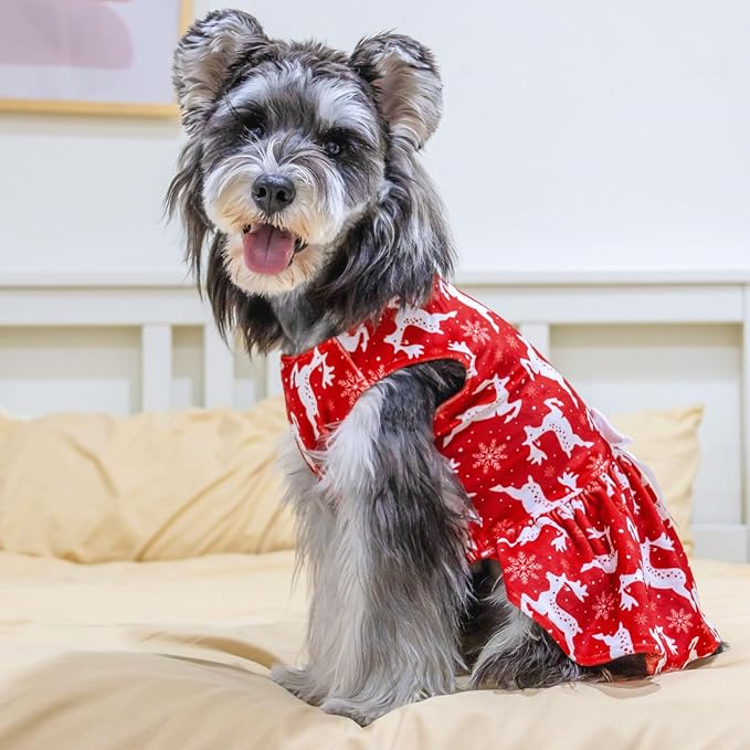 CuteBone Dog Christmas Dresses Outfit Velvet Holiday Small Dogs Clothes Onesie Pet Apparel Girl Puppy Skirt with Bow Hair Rope CVA29L