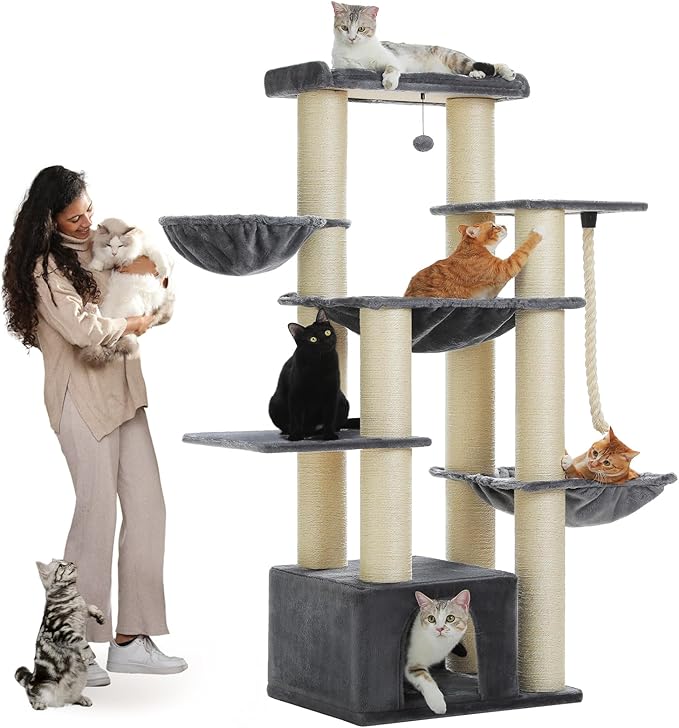 Heavy Duty Cat Tree for Maine Coon – 67" Tall Cat Tower with 13 Thick (φ4.3) Scratching Posts, XXL Cat Condo with Super Large Perch & Cozy Hammocks, Engineered for Big Cats (20+ lbs) - Gray