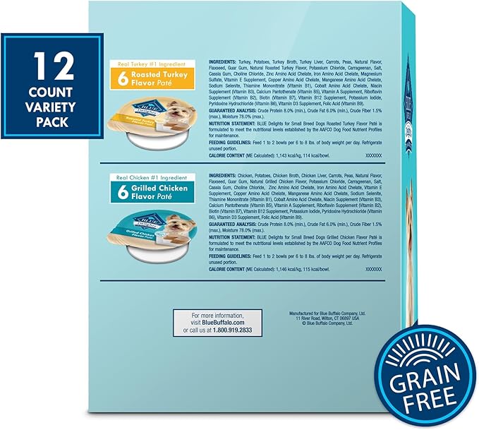 Blue Buffalo Delights Small Breed Natural Wet Dog Food Variety Pack, Roasted Turkey Paté and Grilled Chicken Paté, 3.5-oz Cups, 12 Count