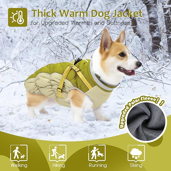 Dog Winter Coat with Harness, Dog Jacket, Pet Clothes with Zipper on Back, Waterproof Windproof Warm Vest, Reflective Cold Weather Coats, for Small Medium Large Dogs, Thick, Green, M