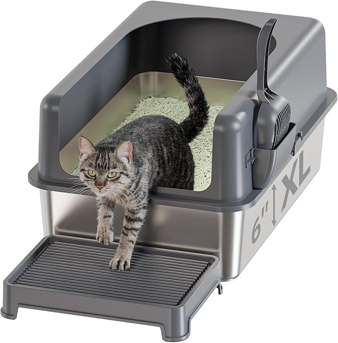 High-Sided Stainless Steel Cat Litter Box,Stainless Steel Litter Box with Lid,Extra Large Litter Box,Easy-to-Clean Metal Litter Pan for Cats (24‘’L X 16''W X 6''H with Scoop&mat), Sliver