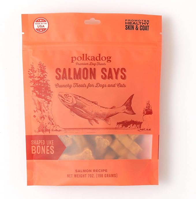 Polkadog Salmon Says Bone Shaped Treats - Omega-3 Rich, Low Fat Healthy Dog Treat - Digestible, Vitamin & Mineral Packed Dog Snacks - Crunchy 3-Ingredient Treat, Ideal for Dogs with Allergies - 7 oz