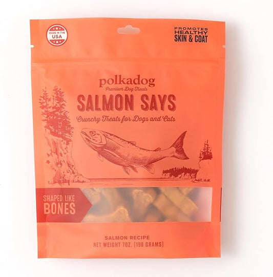 Polkadog Salmon Says Bone Shaped Treats - Omega-3 Rich, Low Fat Healthy Dog Treat - Digestible, Vitamin & Mineral Packed Dog Snacks - Crunchy 3-Ingredient Treat, Ideal for Dogs with Allergies - 7 oz