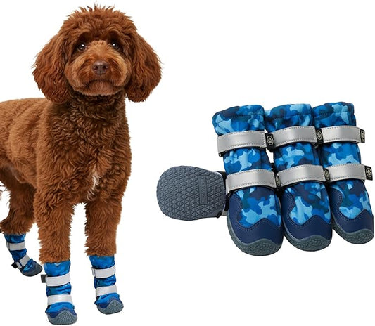 Spark Paws Dog Shoes, Waterproof Dog Boots for Medium to Large Dogs, Non Slip, Breathable Dog Booties and Paw Protectors - 4PCS Doggie Hiking Boots with Reflective Straps, Blue Camo, Size 6