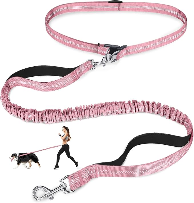 Hands Free Dog Leash, Adjustable Waist Leash for Dog Walking, Dual Handle Bungee Dog 4.2-6.7 Feet Long with Reflective Stitches for Walking Hiking Running, Fits 26"- 43" Inch Waist, Pink