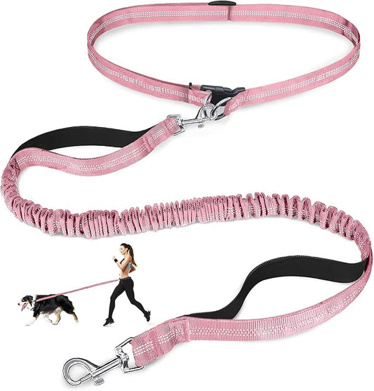 Hands Free Dog Leash, Adjustable Waist Leash for Dog Walking, Dual Handle Bungee Dog 4.2-6.7 Feet Long with Reflective Stitches for Walking Hiking Running, Fits 26"- 43" Inch Waist, Pink
