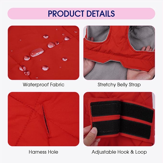 FUAMEY Warm Dog Coat Small, Soft Fleece Lined Pup Jacket with Hood Snap, Sleeveless Winter Dogs Vest for Outdoor Walks, Puppy Cold Weather Clothes with Harness Hole (Red, XS)