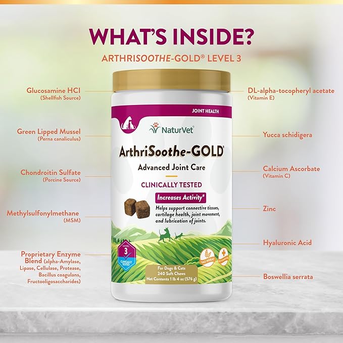 NaturVet Arthrisoothe Glucosamine for Dogs – Dog Supplement with Glucosamine, MSM, Chondroitin & Hyaluronic Acid – ArthriGold Level 3 – 240 Soft Chews