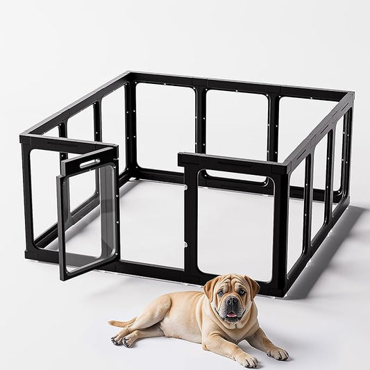 Jalove Clear Acrylic Dog Playpen Indoor, 12 PCS Plastic Puppy Playpen with Door, Cat Rabbit Ferret Pet Play Pen, Easy Assemble Dog Fence Crate Kennel Whelping Cage Enclosure for Small Dogs, Black