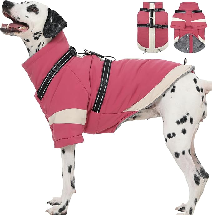 Turtleneck with Sleeves Dog Coats for Medium Dogs-L| Jackets with Reflective Harness Built in,Water-Repellent & Windproof Snowsuit,Soft Warm Lining for Beagle Cold Protection(Pink)