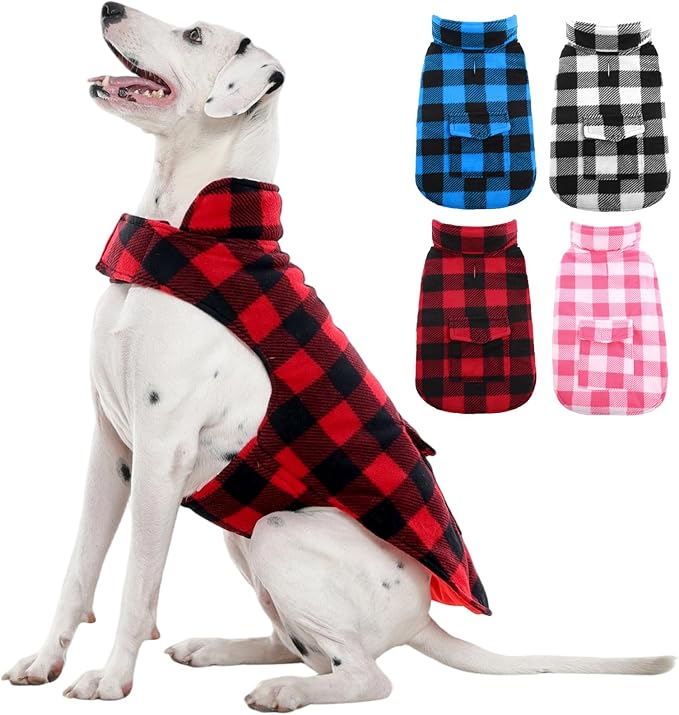 Kuoser Dog Winter Coat, Windproof Dog Fleece Jacket British Style Plaid Cold Weather Doggie Vest Coats, Reversible Cozy Warm Pet Clothes Apparel for Extra Large Size Dogs XXL