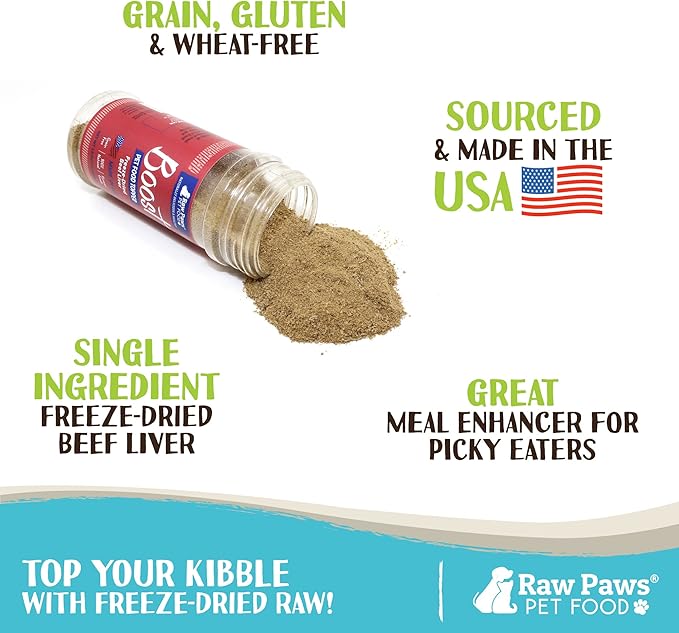 Raw Paws Boost Pet Food Topper Freeze-Dried Beef Liver, 2.8-oz, Made in USA, Dog Food Toppers for Picky Eaters, Cat Gravy Dog Gravy Topper for Dry Food, Beef Liver Sprinkles for Dogs, Cat Food Toppers