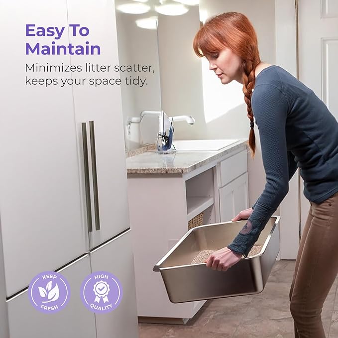 iPrimio Ultimate Stainless Steel XL Cat Litter Box - XL Litter Box for Big Cats - Large Cat Litter Box - Never Absorbs Odor, Stains, or Rusts - Easy Cleaning Litterbox Designed by Cat Owners (1 Pan)