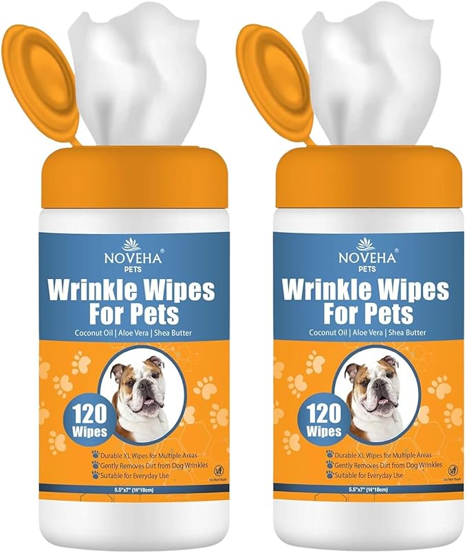 NOVEHA 240PCs - Wrinkle XL Wipes for Dogs | Wipes for Bulldog, French Bulldog, Pug, English Bulldog – Wipes for Multiple Areas Removes Dirt, Wrinkles, Folds, Tear Stain, Tail Pockets & Paws (2Pack)
