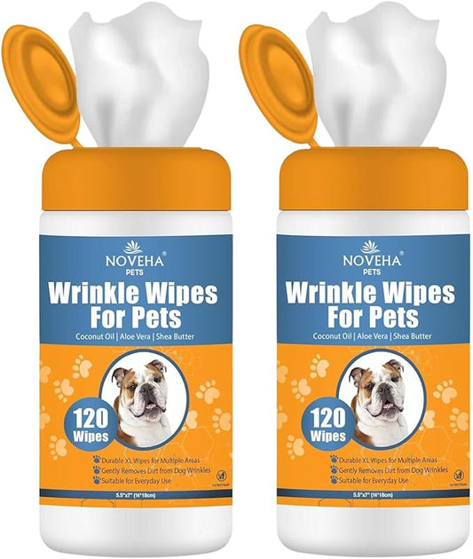 NOVEHA 240PCs - Wrinkle XL Wipes for Dogs | Wipes for Bulldog, French Bulldog, Pug, English Bulldog – Wipes for Multiple Areas Removes Dirt, Wrinkles, Folds, Tear Stain, Tail Pockets & Paws (2Pack)